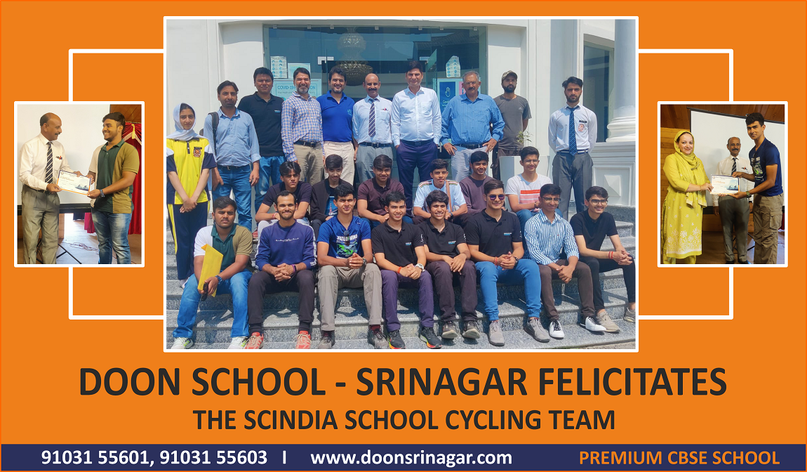 Doon school Srinagar felicitates the Scindia School Cycling team.