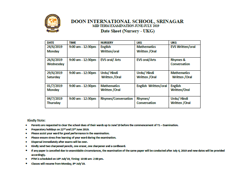 Date Sheet for Mid Term Examination June/July - 2019 (classes Nursery - UKG)