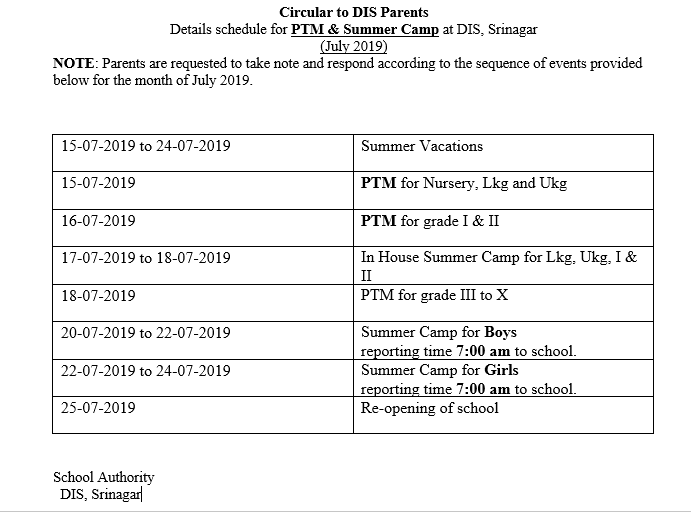 Details schedule for PTM & Summer Camp at DIS, Srinagar