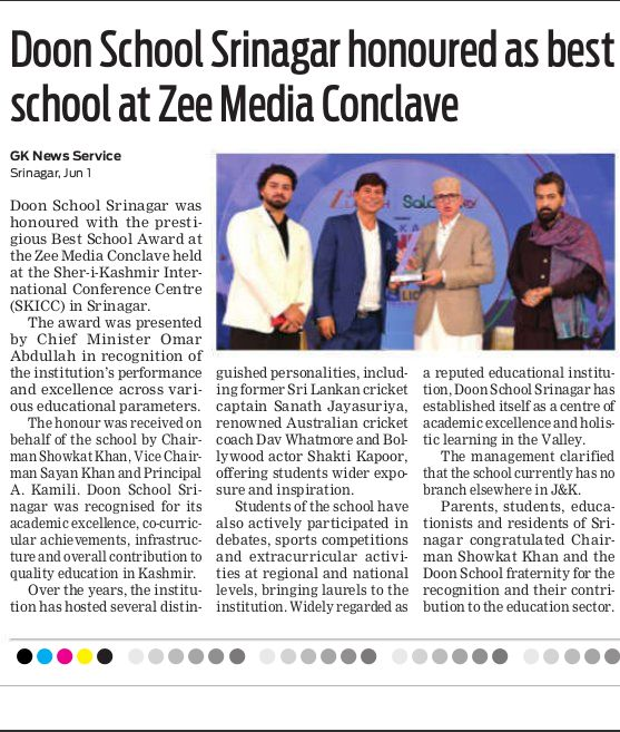 Doon School Srinagar honoured as best school at Zee Media Conclave